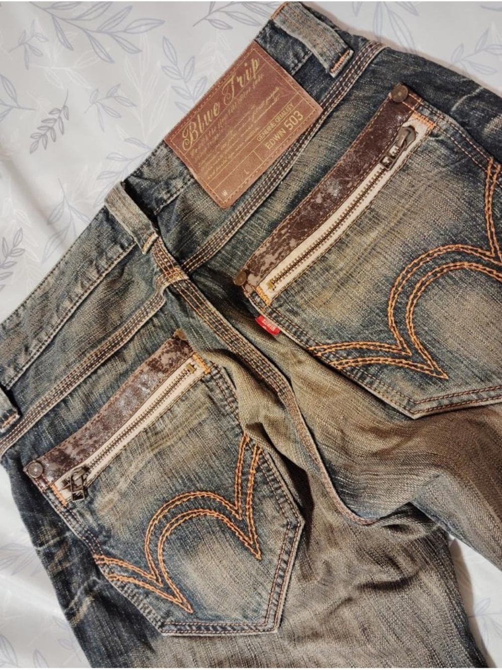 Edwin Men's Faded Blue Denim Jeans with Orange Stitching